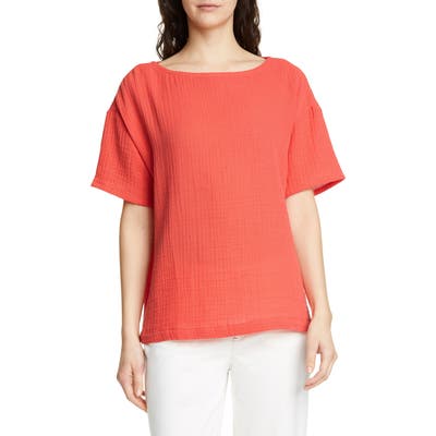 Eileen Fisher Boat Neck Boxy Organic Cotton Top, Red