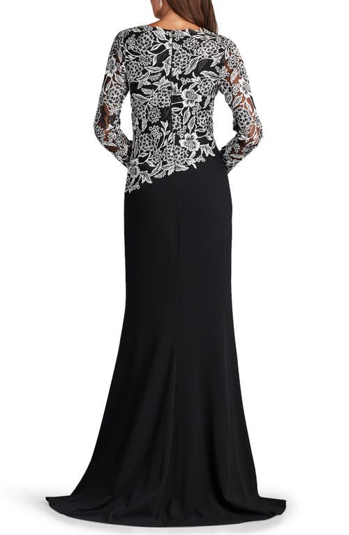 Shop Tadashi Shoji Sequin Lace Long Sleeve Crepe Gown In Ivory/black