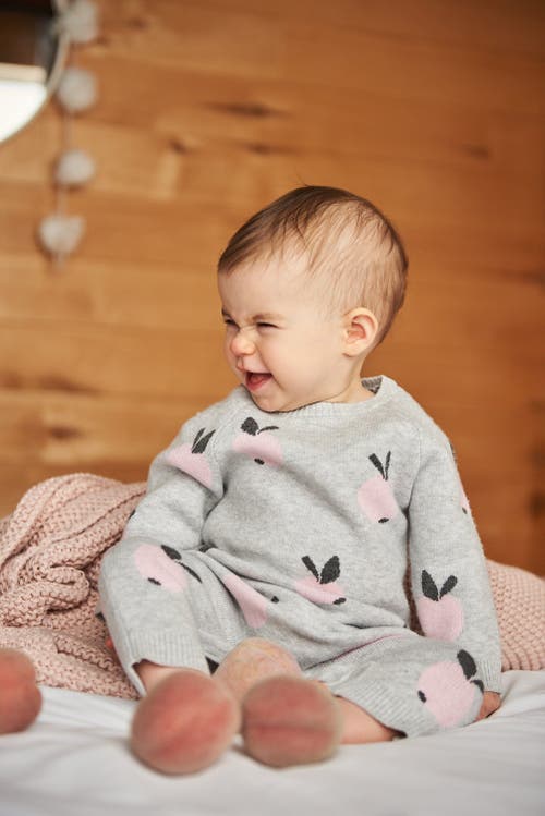 Shop Deux Par Deux Baby Girl's Knitted Jacquard Jumpsuit Gray With Apples In Light Grey Mix