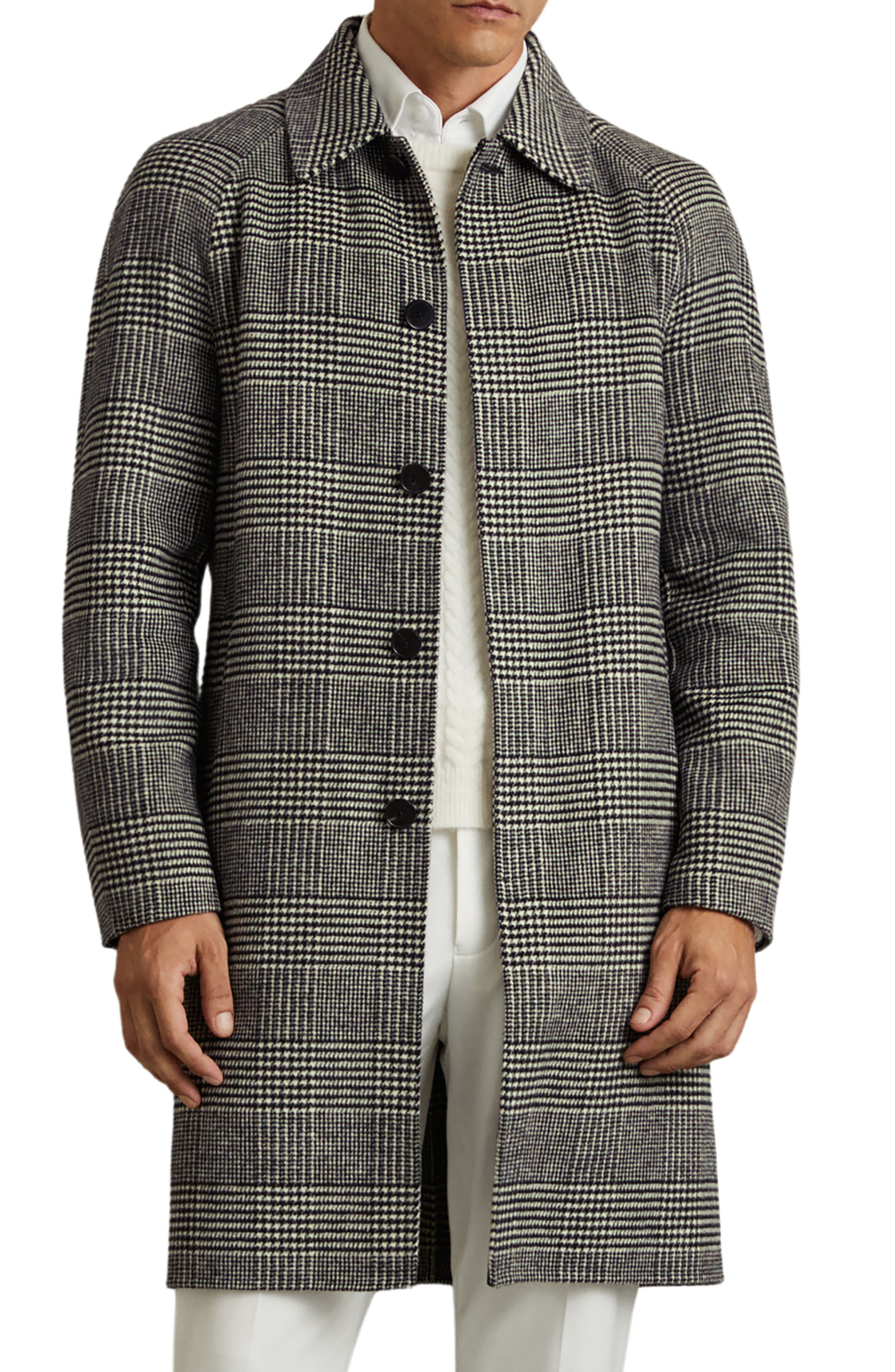 Reiss Chaplin Houndstooth Plaid Wool Blend Coat in Black/white 