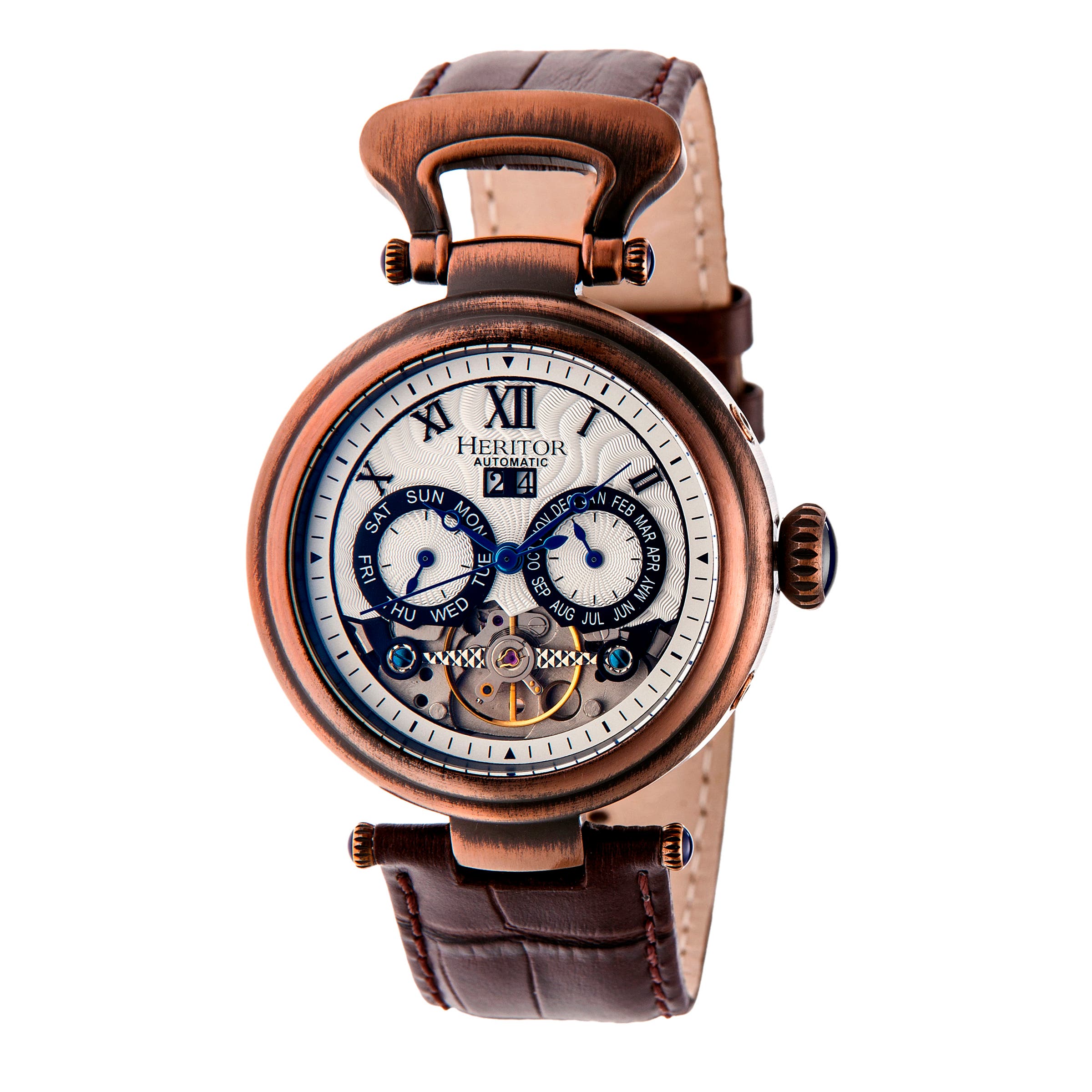 Heritor Automatic Ganzi Semi-Skeleton Leather-Band Watch in Bronze Cover