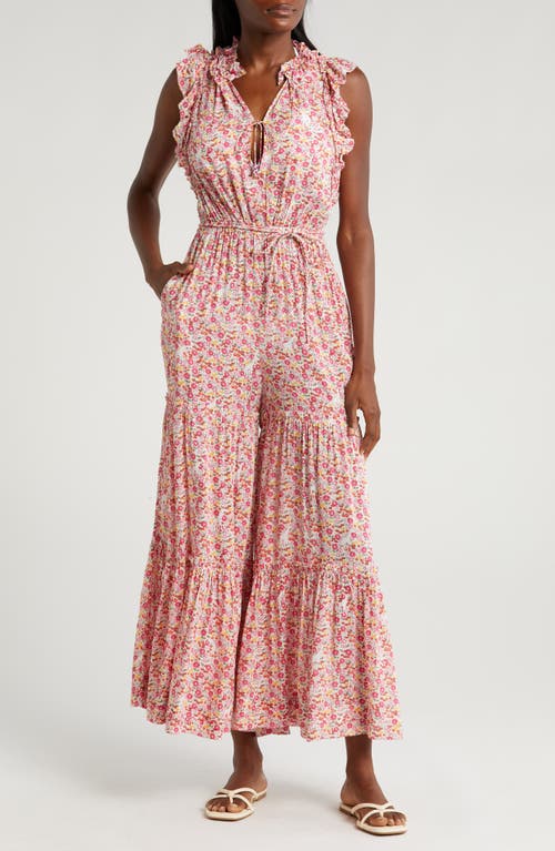 Poupette St Barth Belene Floral Tiered Ruffle Cover-Up Jumpsuit Pink Jardin at Nordstrom,