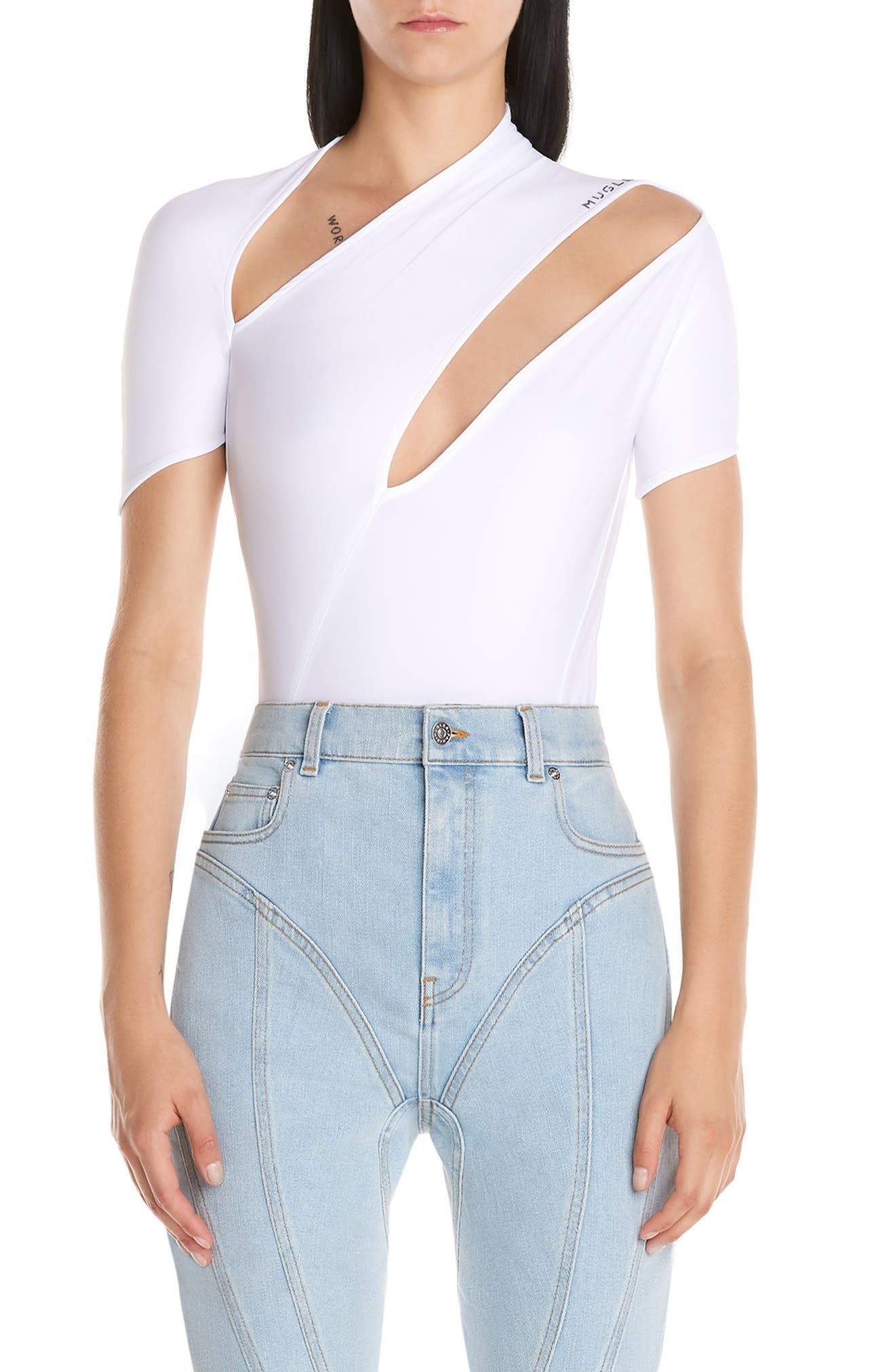 MUGLER Double Cutout Mesh Bodysuit in 1009 White at Nordstrom, Size 14 Us