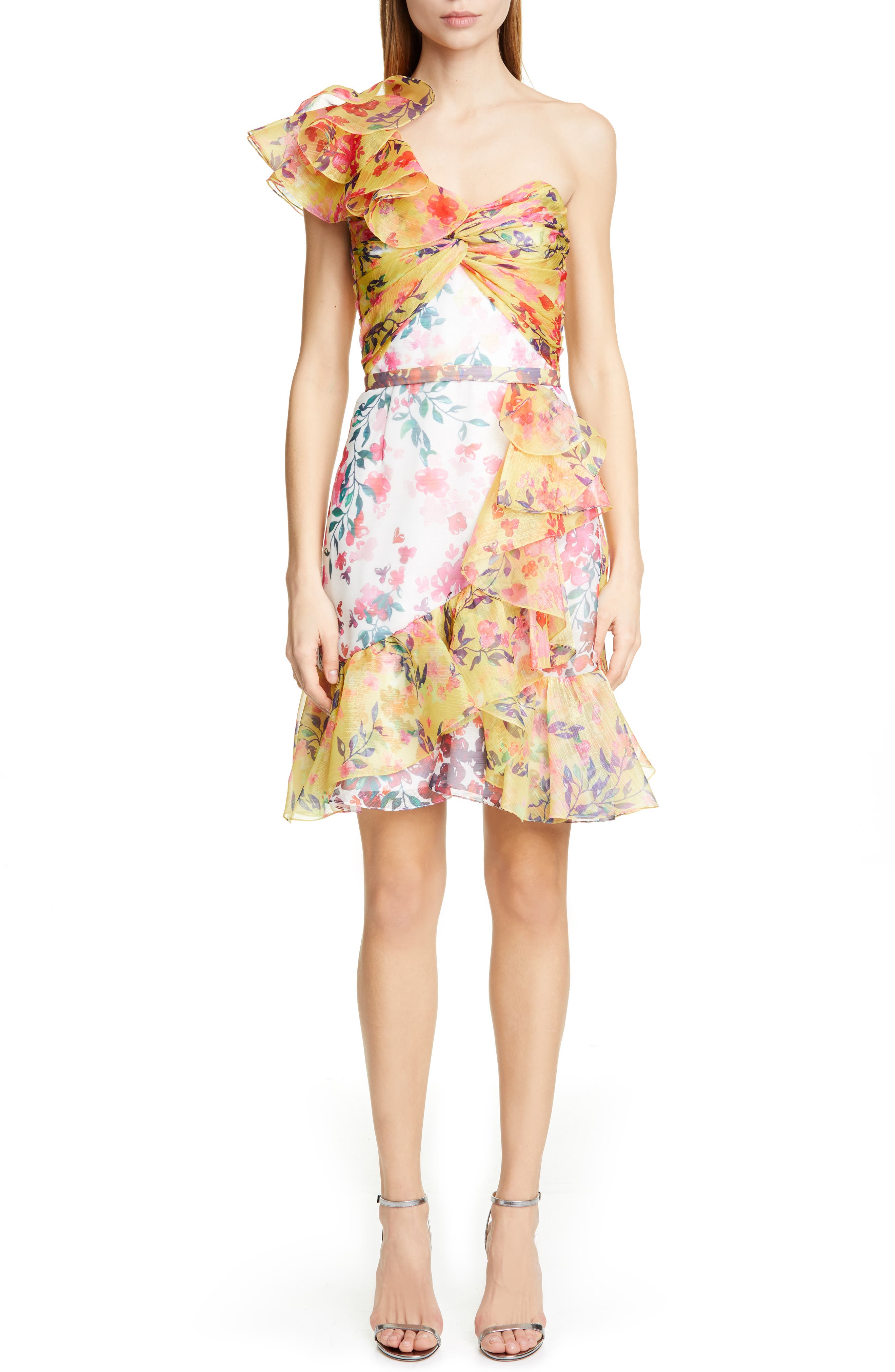 Marchesa Notte Floral Print One-Shoulder Cocktail Dress, Ivory