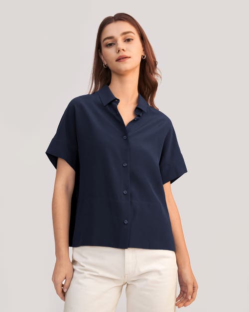 Shop Lilysilk Casual Short Sleeves Loose Silk Shirt In Navy Blue