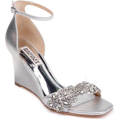 Badgley Mischka Aliyah Embellished Ankle Strap Wedge Sandal, Metallic