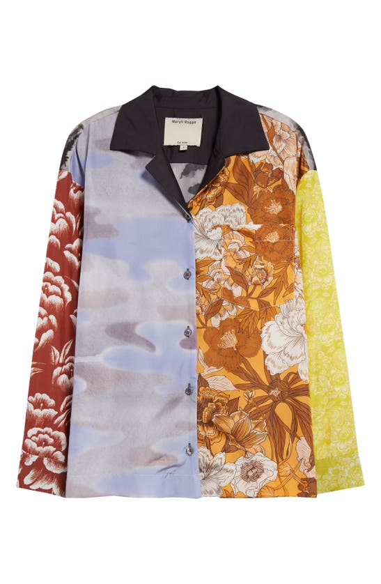 Shop Meryll Rogge Mixed Print Silk Long Sleeve Camp Shirt In Blue Multicolor
