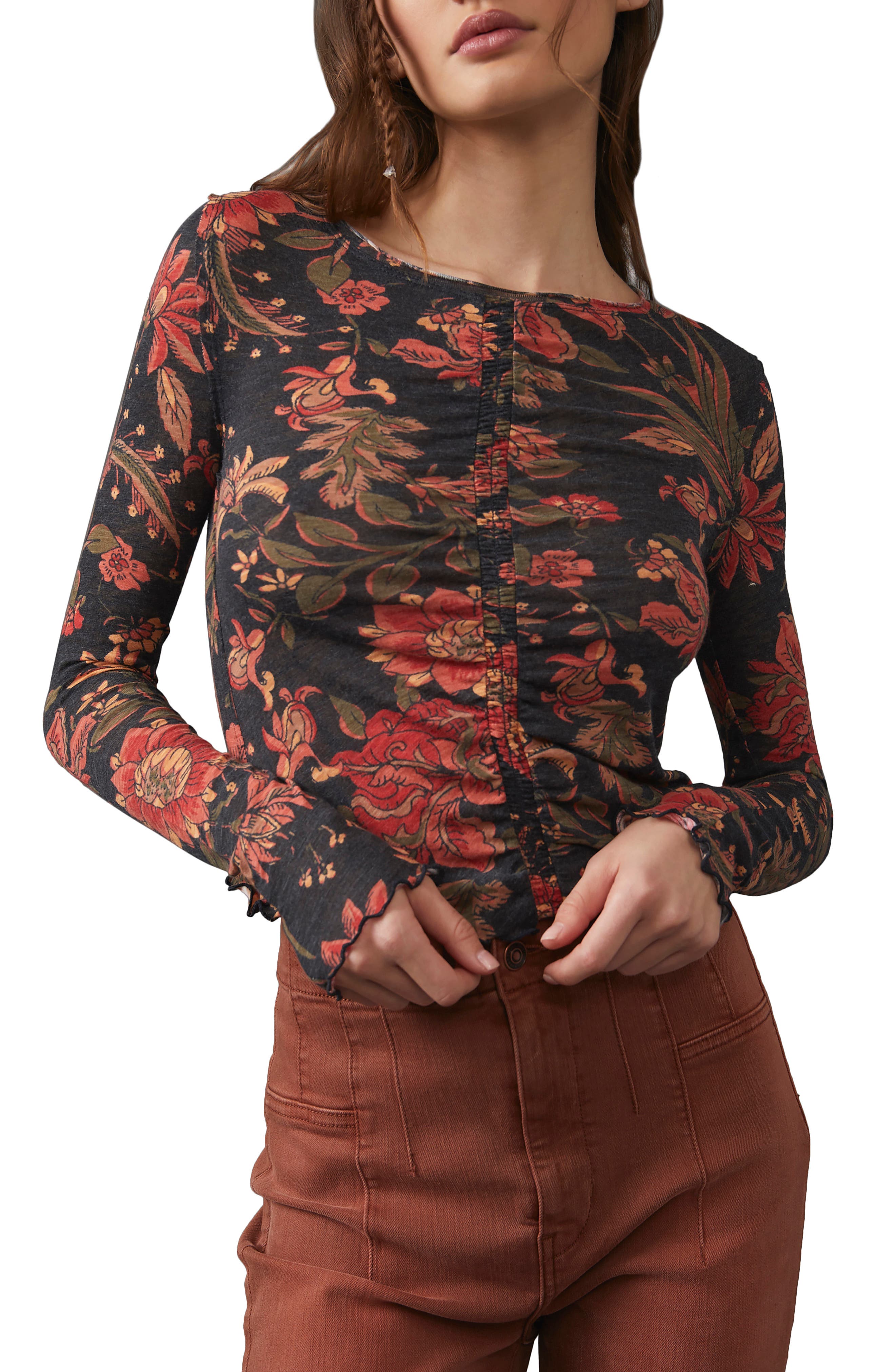 Free People Dreamed of You Floral Ruched Long Sleeve Top in Dusk Combo