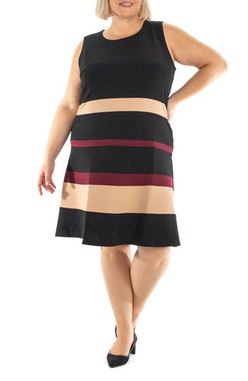 Shop Nina Leonard Sleeveless Colorblock Stripe Dress In Black/khaki/wine