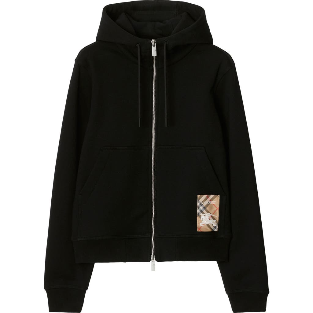 Burberry Check Label Cotton Zip Hoodie In Black