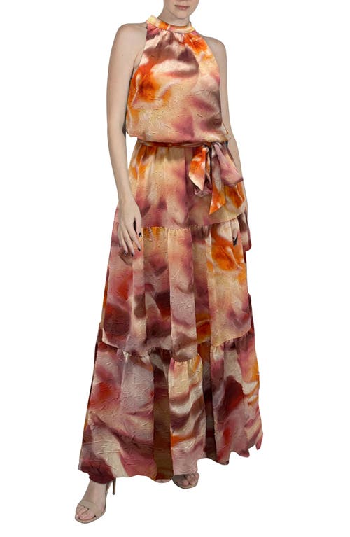 Abstract Print Crinkle Chiffon Maxi Dress in Blush Multi