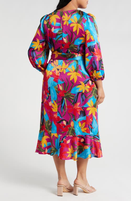 Shop Tahari Asl Floral Satin Faux Wrap Dress In Wild Berry Multi