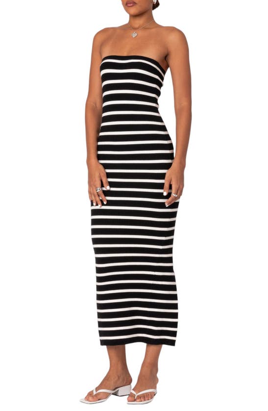 Edikted Stripe Strapless Maxi Dress In Black-and-white