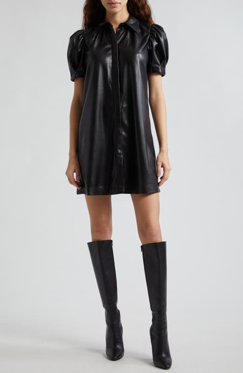 Beige faux leather pleated mini shirt dress