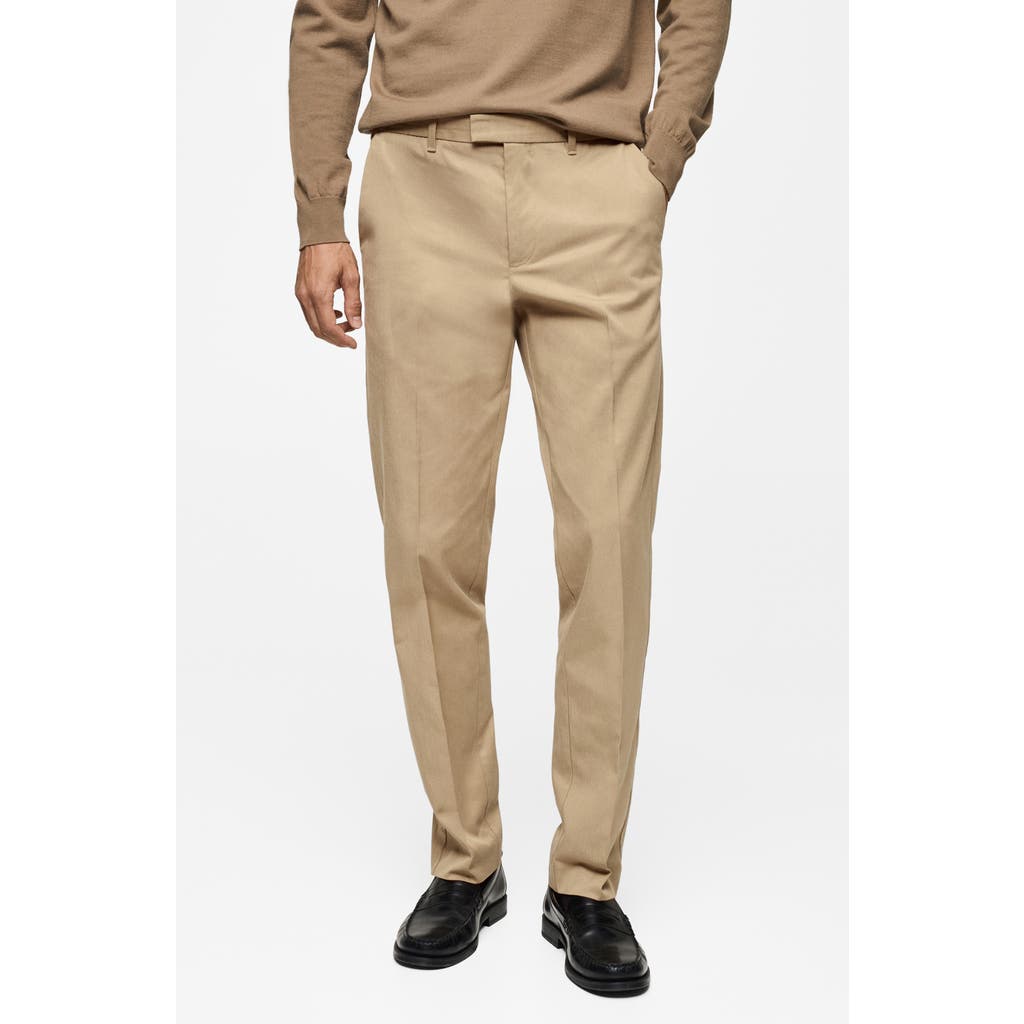 Mango Regular Fit Structure Cotton Trousers Beige In Beige