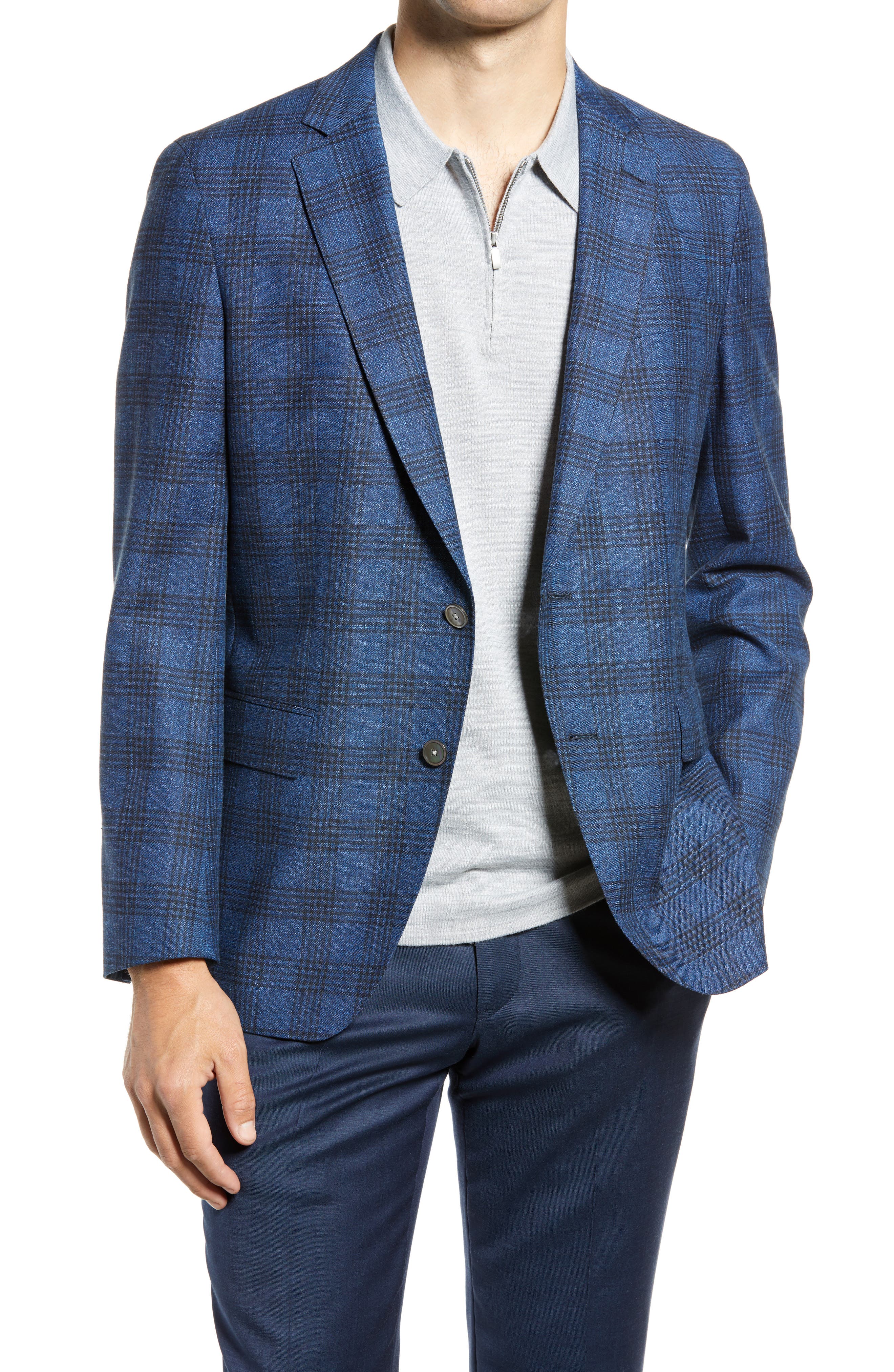 $545 HUGO BOSS Mens Slim Fit Blue Glencheck Wool Sport Coat Blazer 36S 