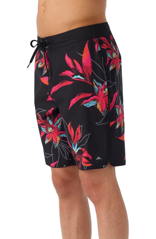 Shop O'neill Hyperfreak Mysto Scallop Swim Trunks In Black/red Flowers