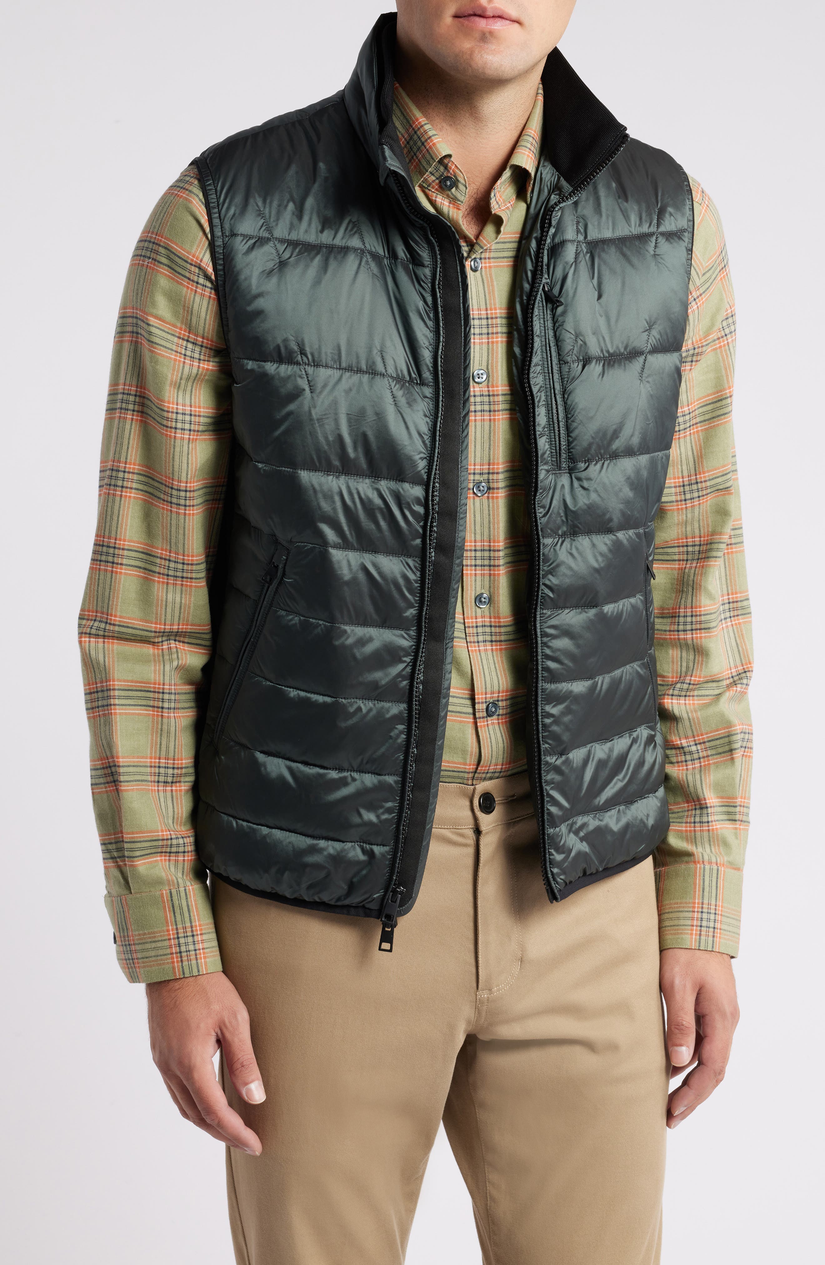 Scott Barber Metallic Ciré Water Resistant Nylon Puffer Vest in Pine 