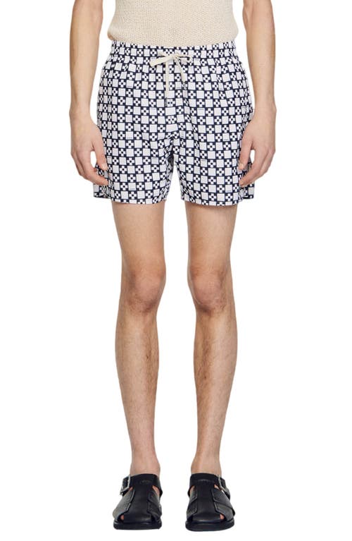 Sandro Cross Swim Trunks In Ecru/navy