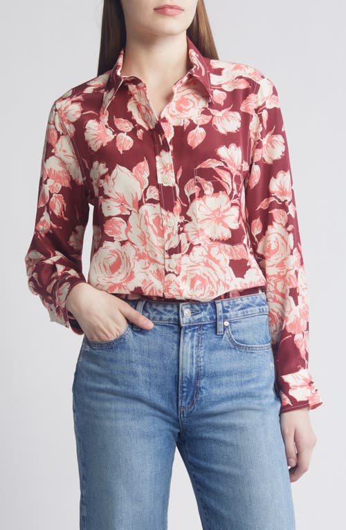 Relaxed Floral Silk Button-Up Shirt in Burgundy