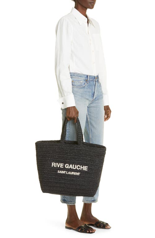 Shop Saint Laurent Rive Gauche Logo Crochet Tote In Nero/crema Soft