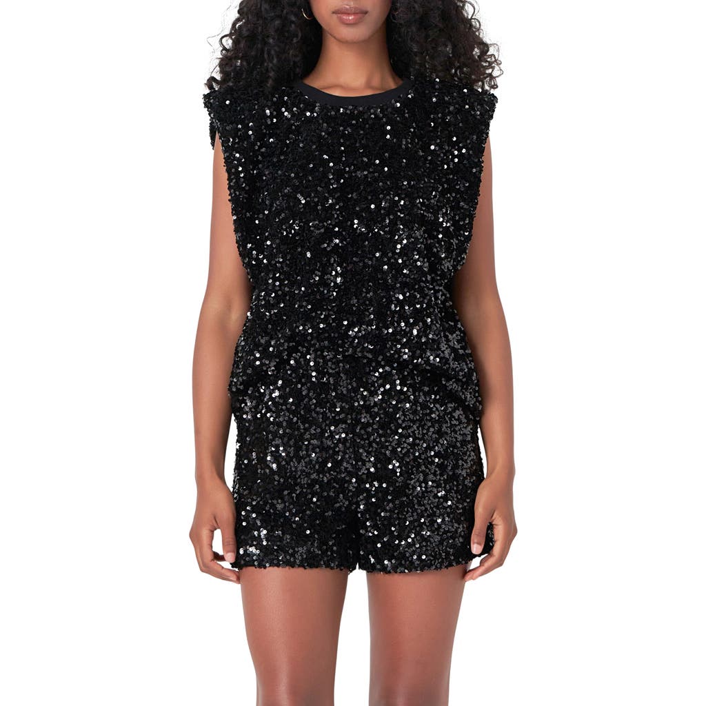 Endless Rose Sequin Padded Shoulder Velvet Top In Black