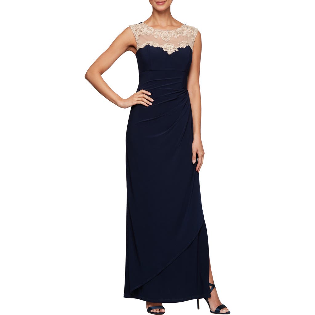Alex Evenings Side Ruched Gown In Navy/nude