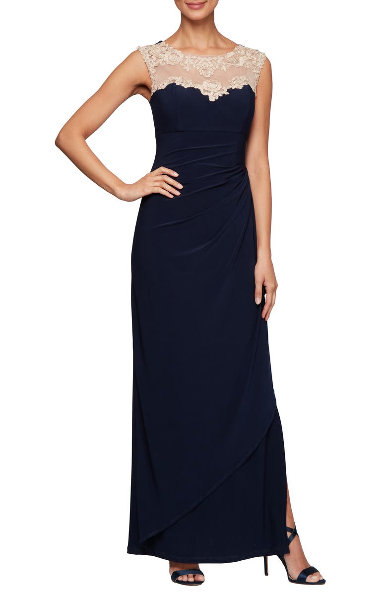Alex Evenings Long A-Line Dress With Side Ruched Cascade Skirt