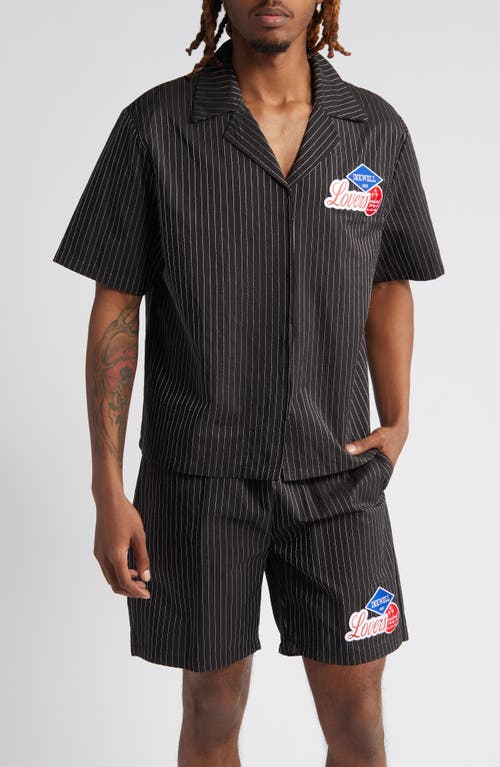 Lovers Patch Pinstripe Notched Collar Camp Shirt in Black