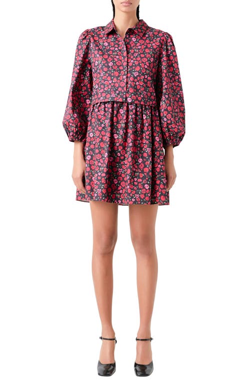 Floral Mini Shirtdress in Black/Pink/Red