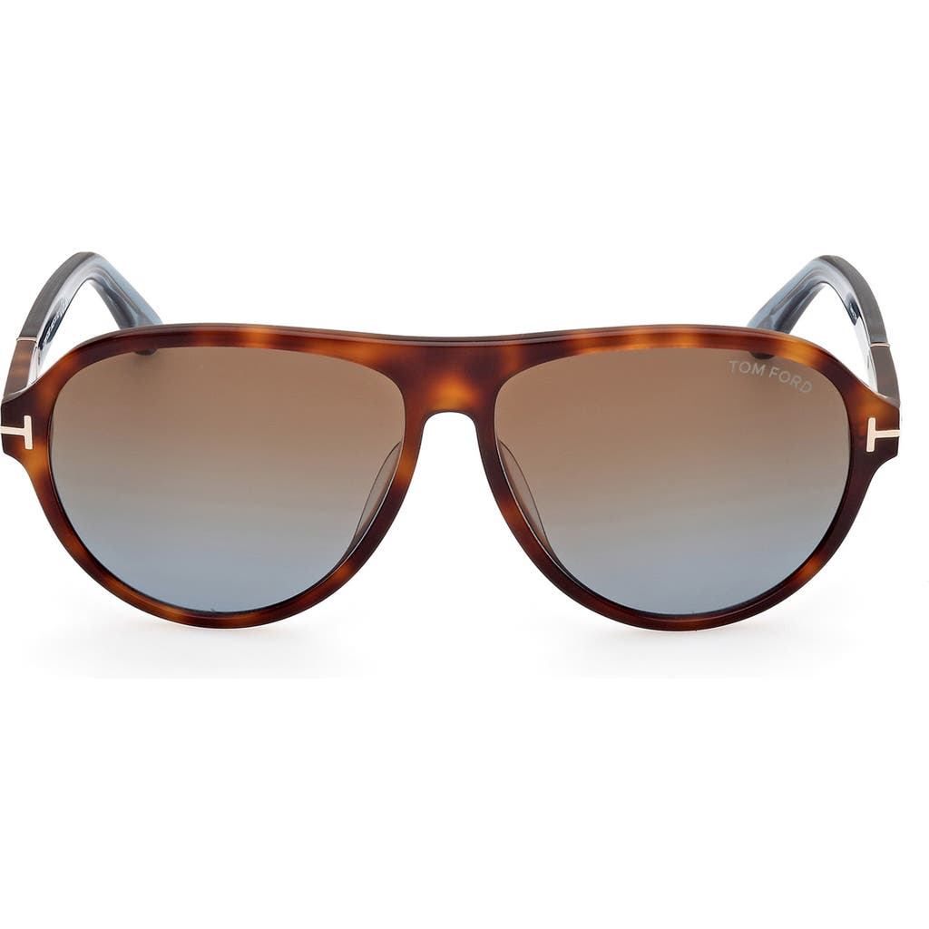 Tom Ford Quincy 59mm Pilot Sunglasses In Shiny Havana/brown To Blue