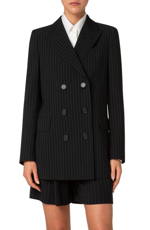 Akris punto Pinstripe Double Breasted Wool Blend Crepe Long Blazer in Black-Cream 