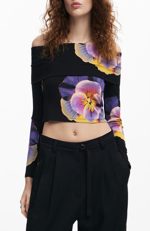 Desigual Pensee Lacroix Pansy Print Off The Shoulder Top In Black