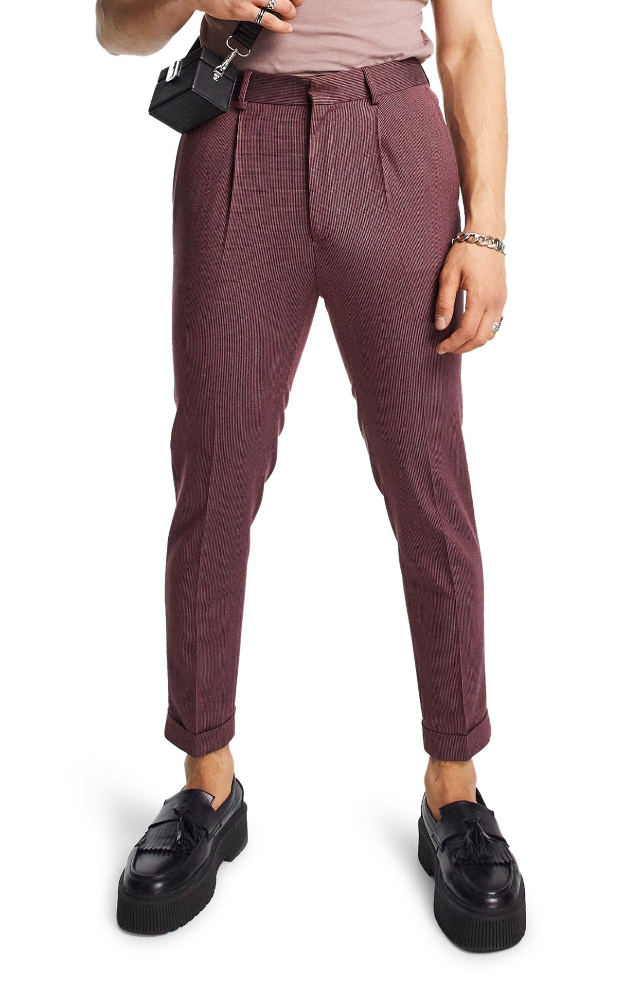 ASOS DESIGN Cropped Tapered Fit Pants in Burgundy