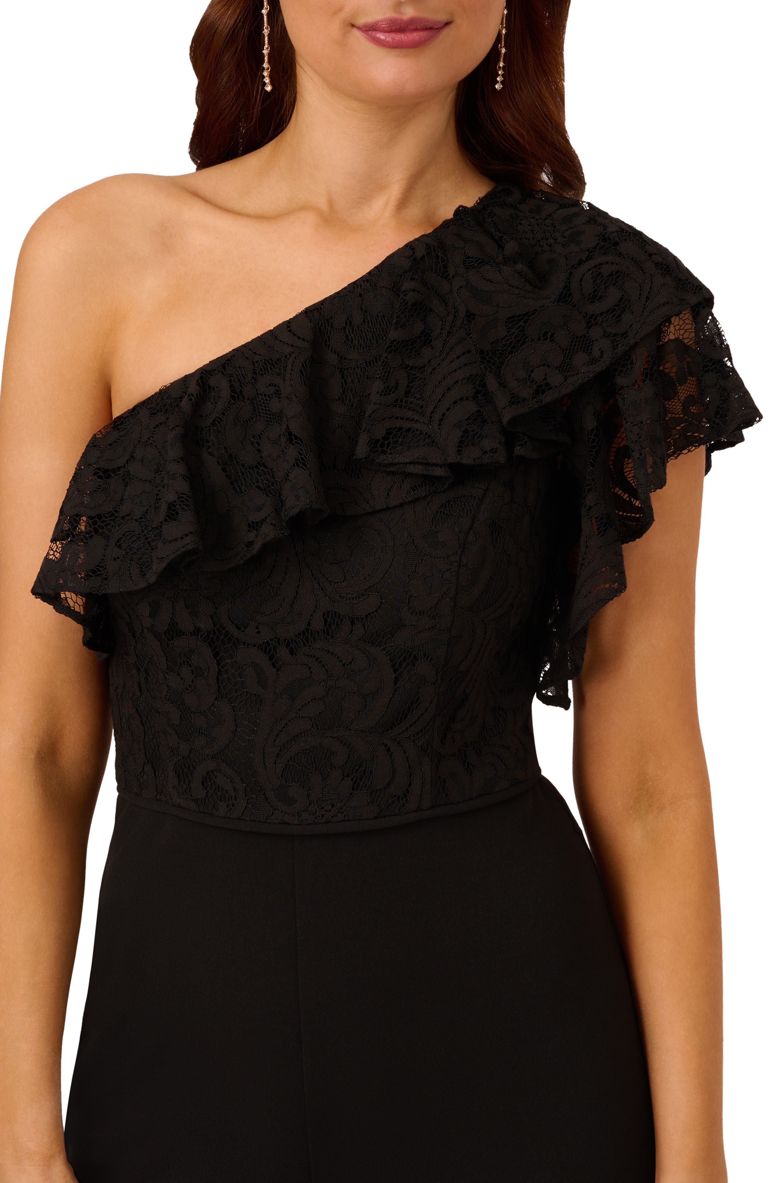 Adrianna Papell Lace Crepe Ruffle One Shoulder Jumpsuit in Black