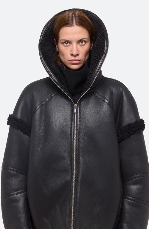 Shop Helmut Lang Apex Hooded Reversible Genuine Shearling & Leather Coat In Black/black