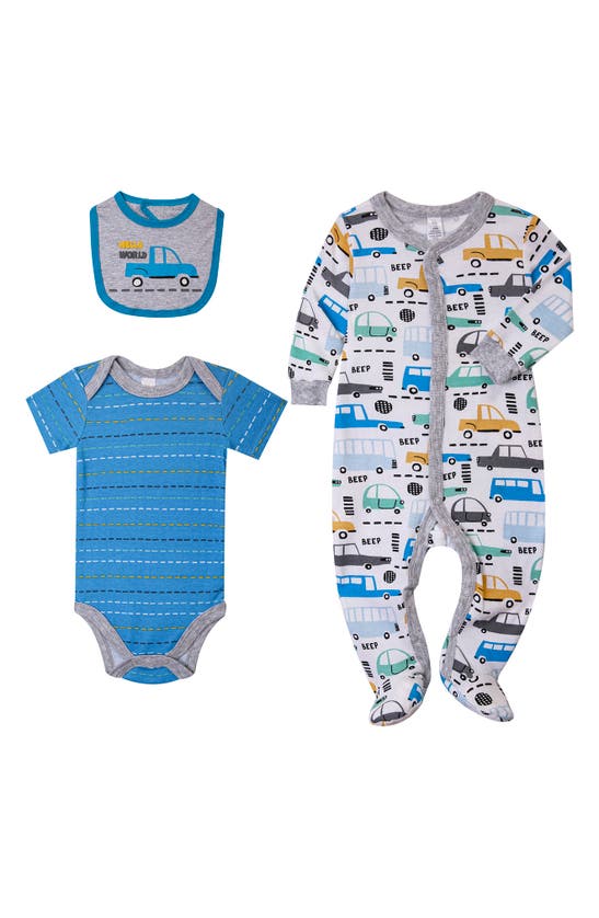 Click to view more detailed imagery on our partner's website Modern Babies' Car Print Sleeper, Bodysuit, & Bib 3-piece Set In White Blue