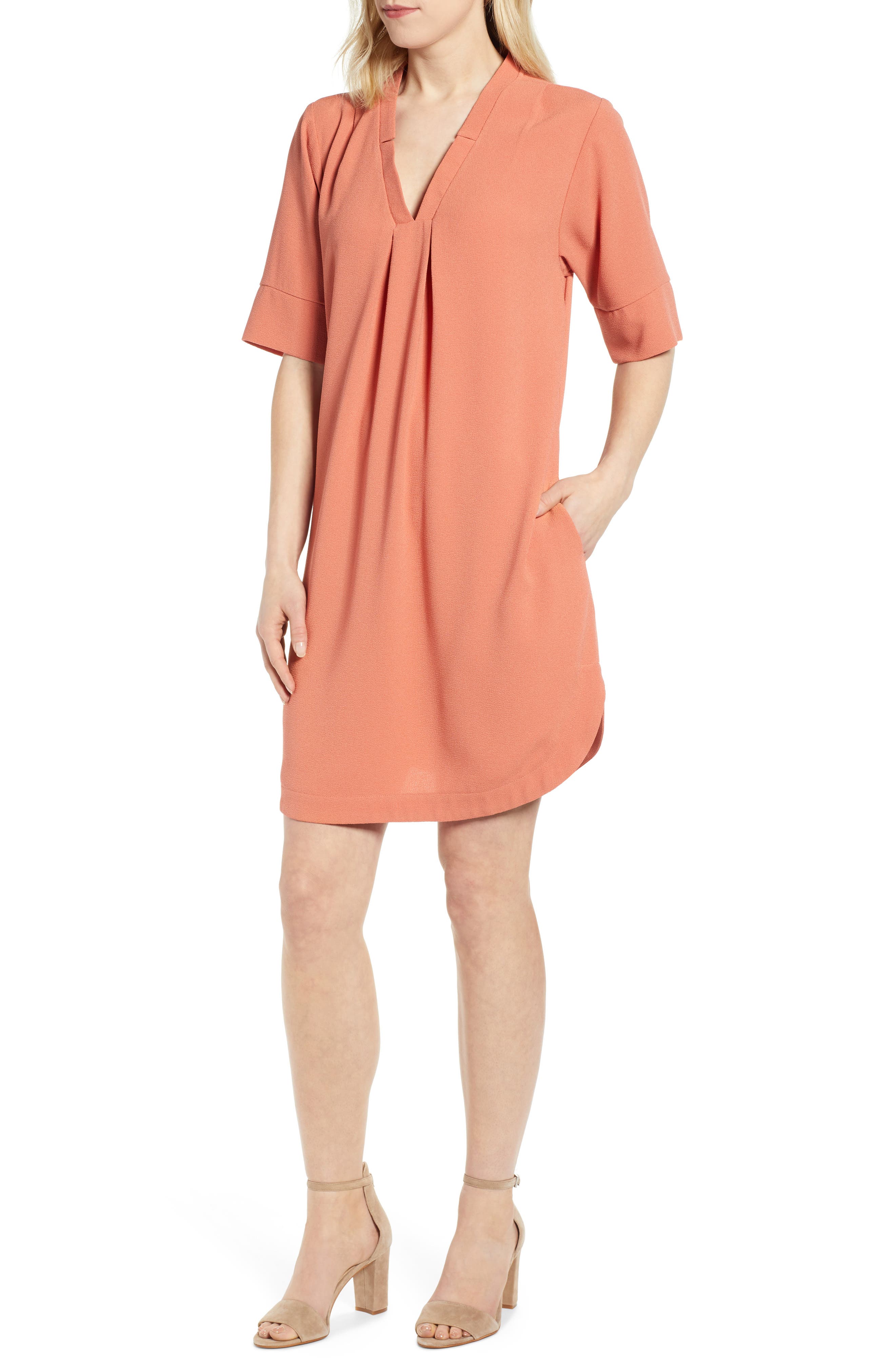 Petite Bobeau Pleat Front Curved Hem Shirtdress, Pink
