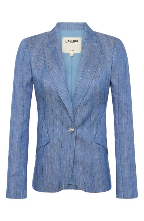 L Agence Chamberlain Linen-blend Blazer In Slate Blue Pinstripe