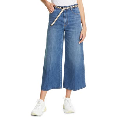 Stella Mccartney Belted High Waist Crop Wide Leg Jeans, Blue