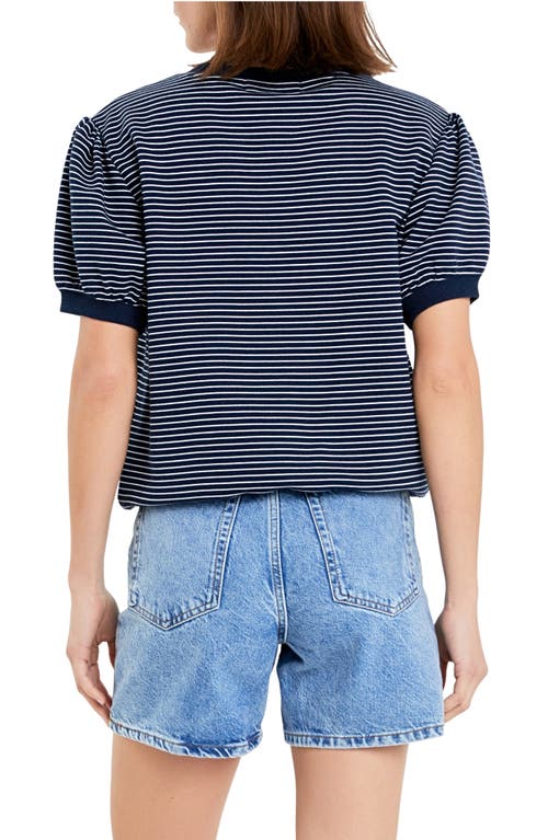 English Factory Stripe Puff Sleeve French Terry Top In Navy/white