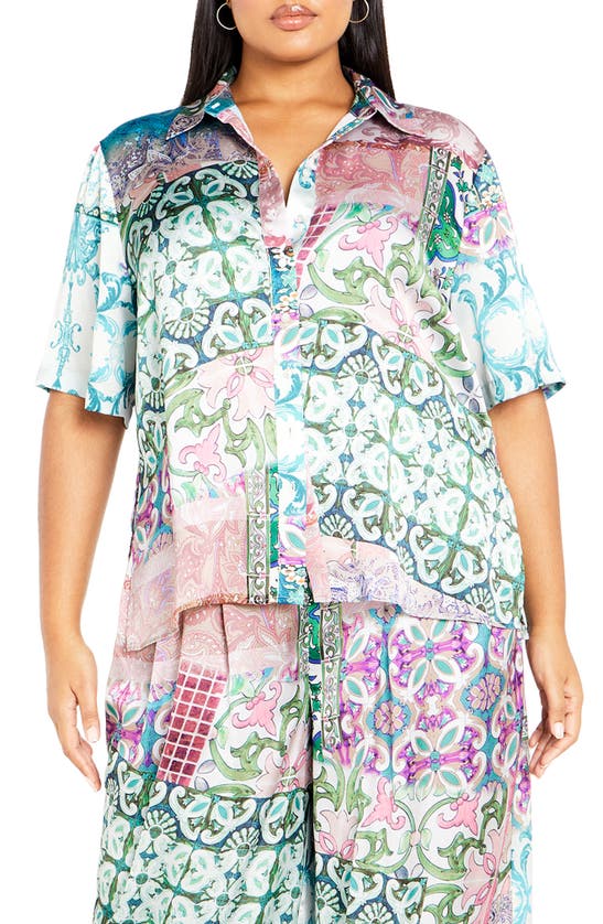 City Chic Paisley Satin Button-up Shirt In Multi