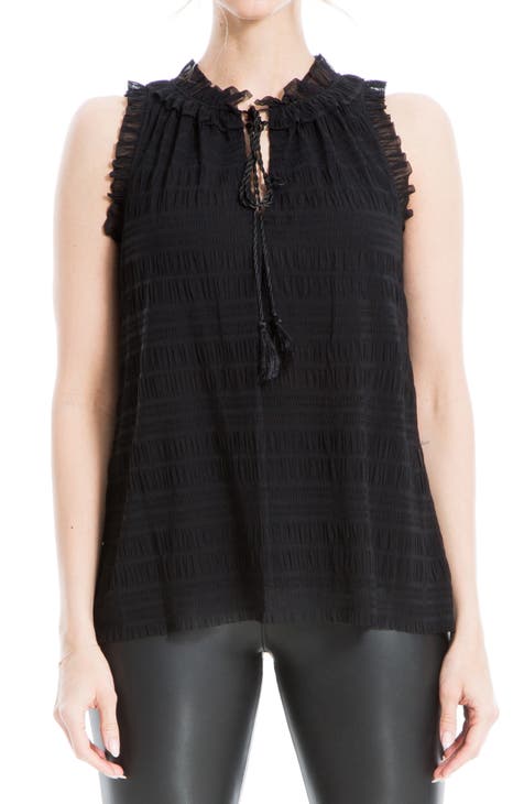 Mesh Ruffle Split Neck Tie Front Tank