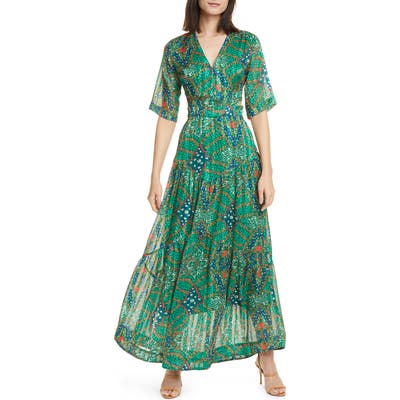 Ba & sh Floral Print Metallic Stripe Side Cutout Maxi Dress, Green