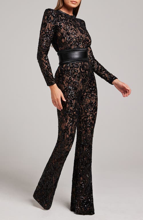 Shop Nadine Merabi Bella Long Sleeve Beaded Lace Jumpsuit In Black