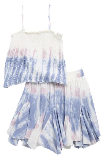 Vintage Havana Kids' Tie Dye 2-piece Top & Skirt Set In Blue/ditsy Lavender