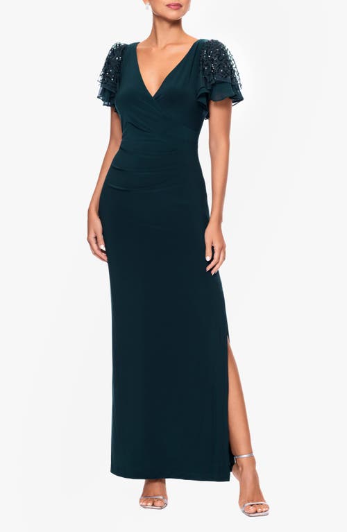 BETSY & ADAM BETSY & ADAM SEQUIN FLUTTER SLEEVE GOWN