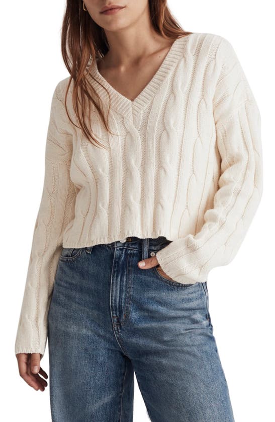 Madewell Cable Knit V-neck Crop Sweater In Antique Cream