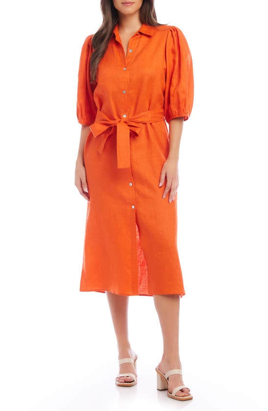 Karen Kane Puff Sleeve Linen Midi Shirtdress In Orange