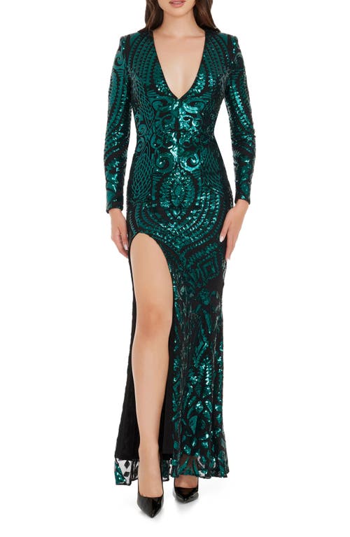 Dress the Population Alessandra Long Sleeve Sequin Mermaid Gown in Emerald-Black at Nordstrom, Size Small